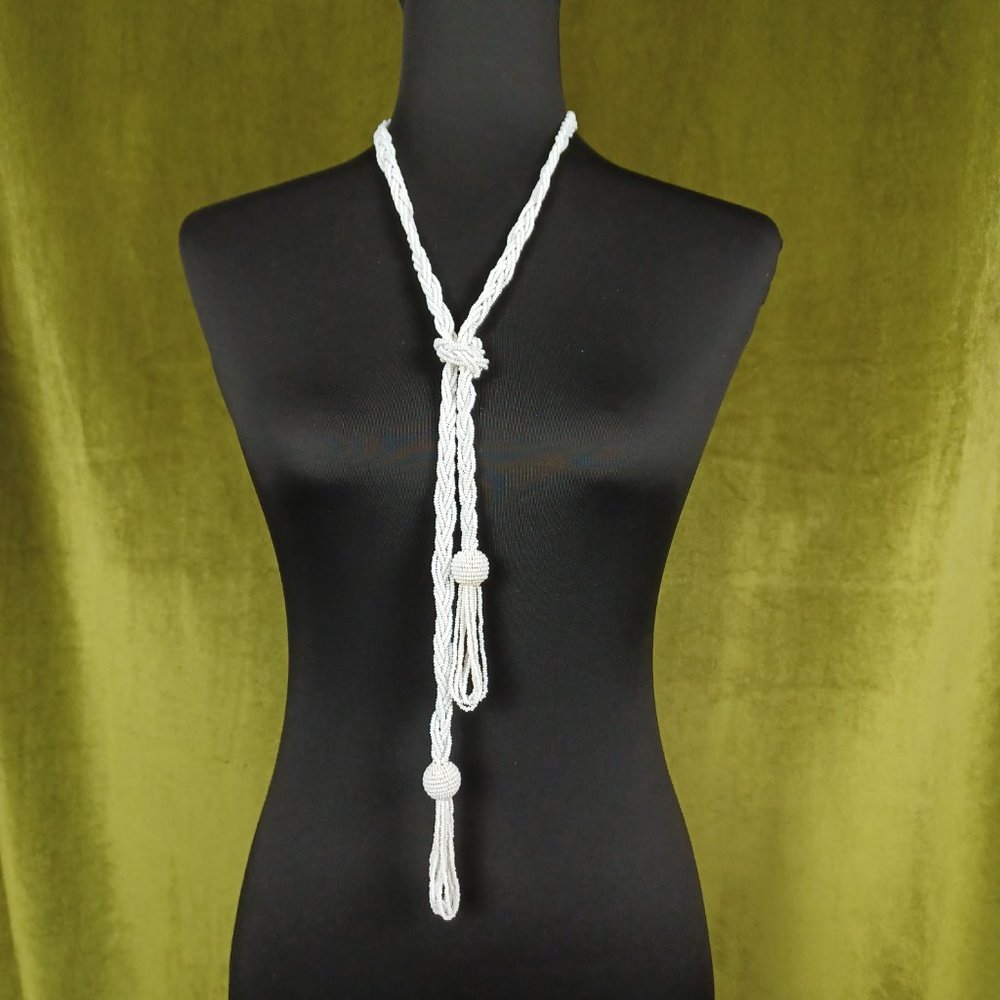 S O L D * Vintage Boho Braided Seed Bead Lariat Necklace, 46” - Picture 3 of 8
